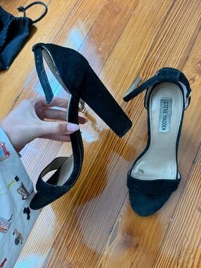 Steve Madden Black Suede Ankle Strap Block Heels